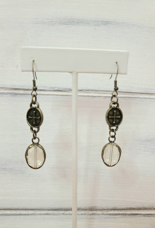 Pebble Crystal with Antique Gold Cross Coin Dangle Earrings