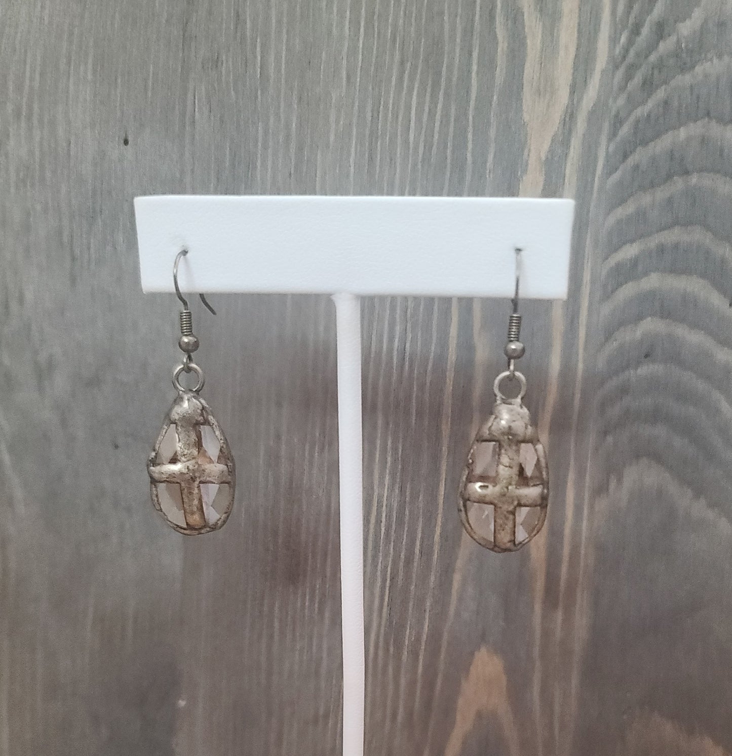 Pebble Crystal Drop With Antique Gold Cross Earrings