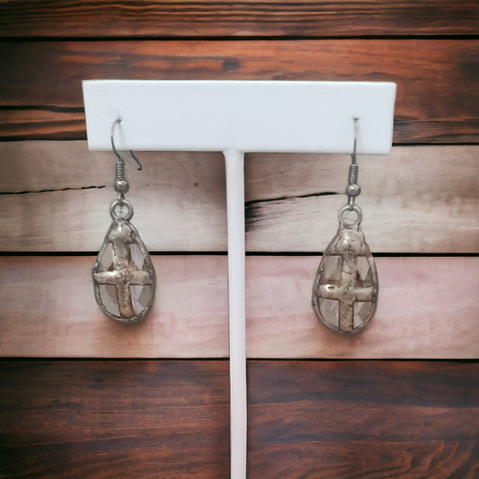 Pebble Crystal Drop With Antique Gold Cross Earrings