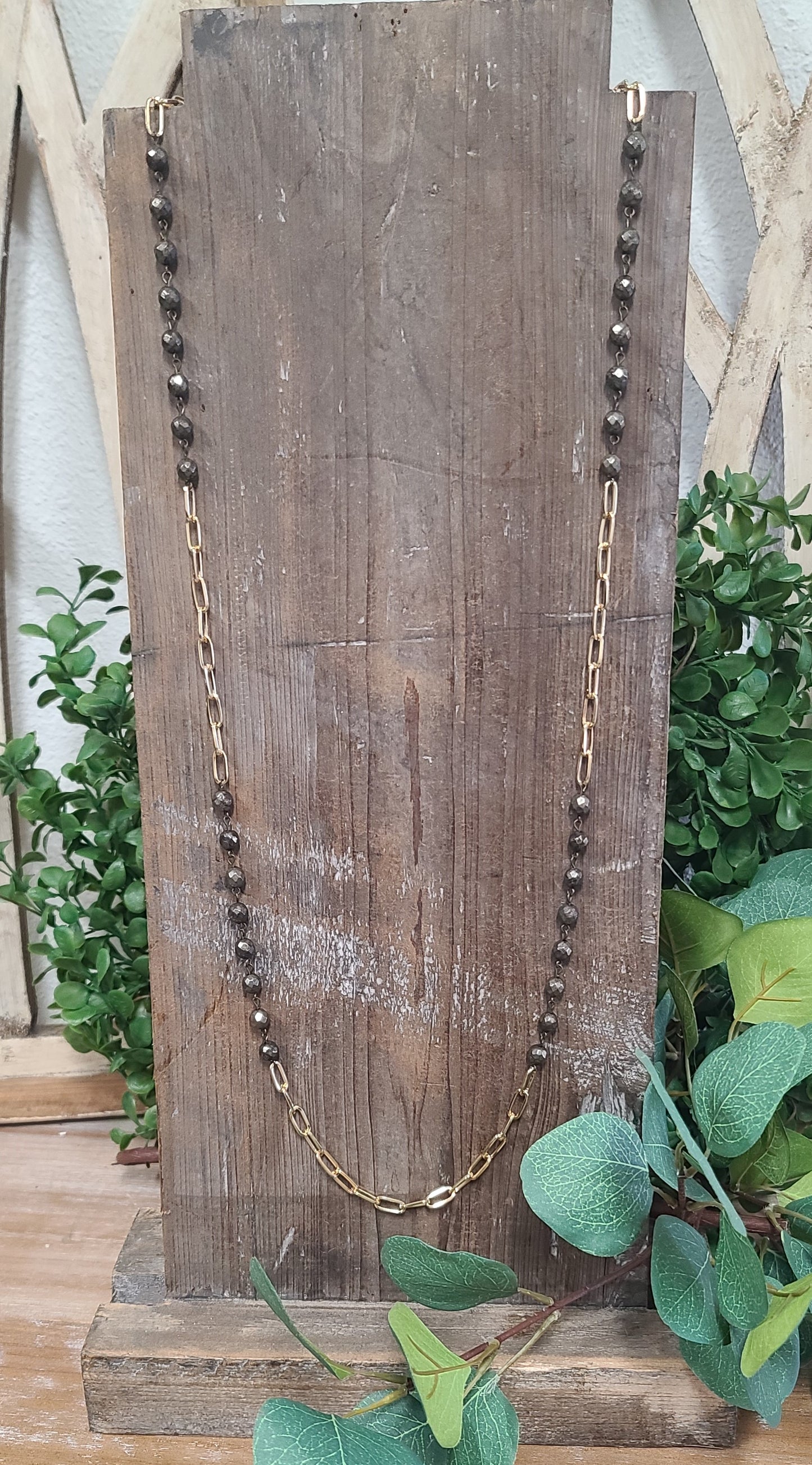 Long Genuine Pyrite Stone Necklace with Gold Links