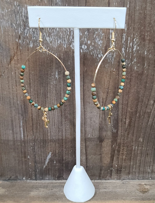 Picnic Jasper Beaded Gold Hoop Earrings with Cross dangles