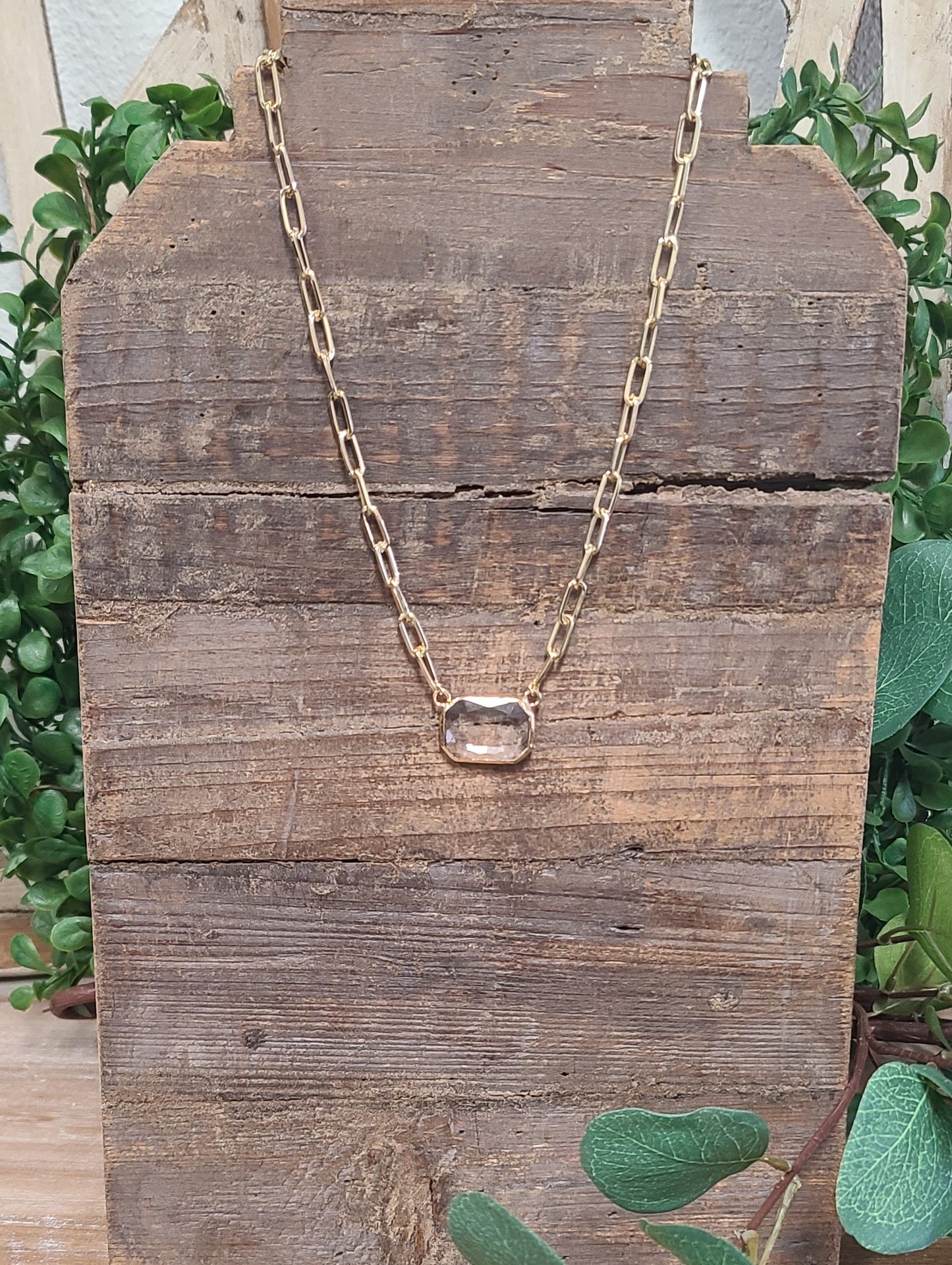 Gold Link Necklace with Square Crystal Stone