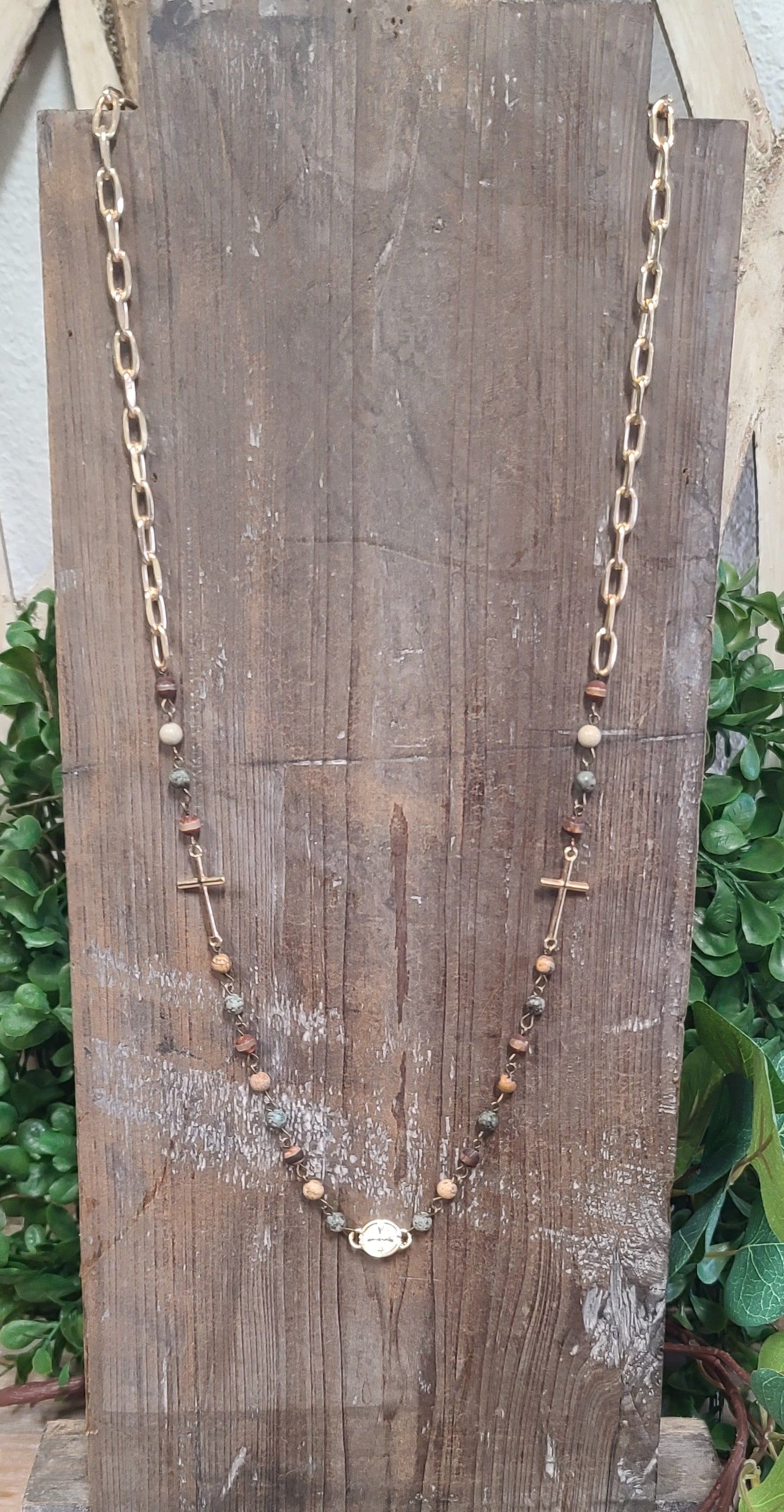 Long Picnic Jasper and Gold Link Necklace with double crosses