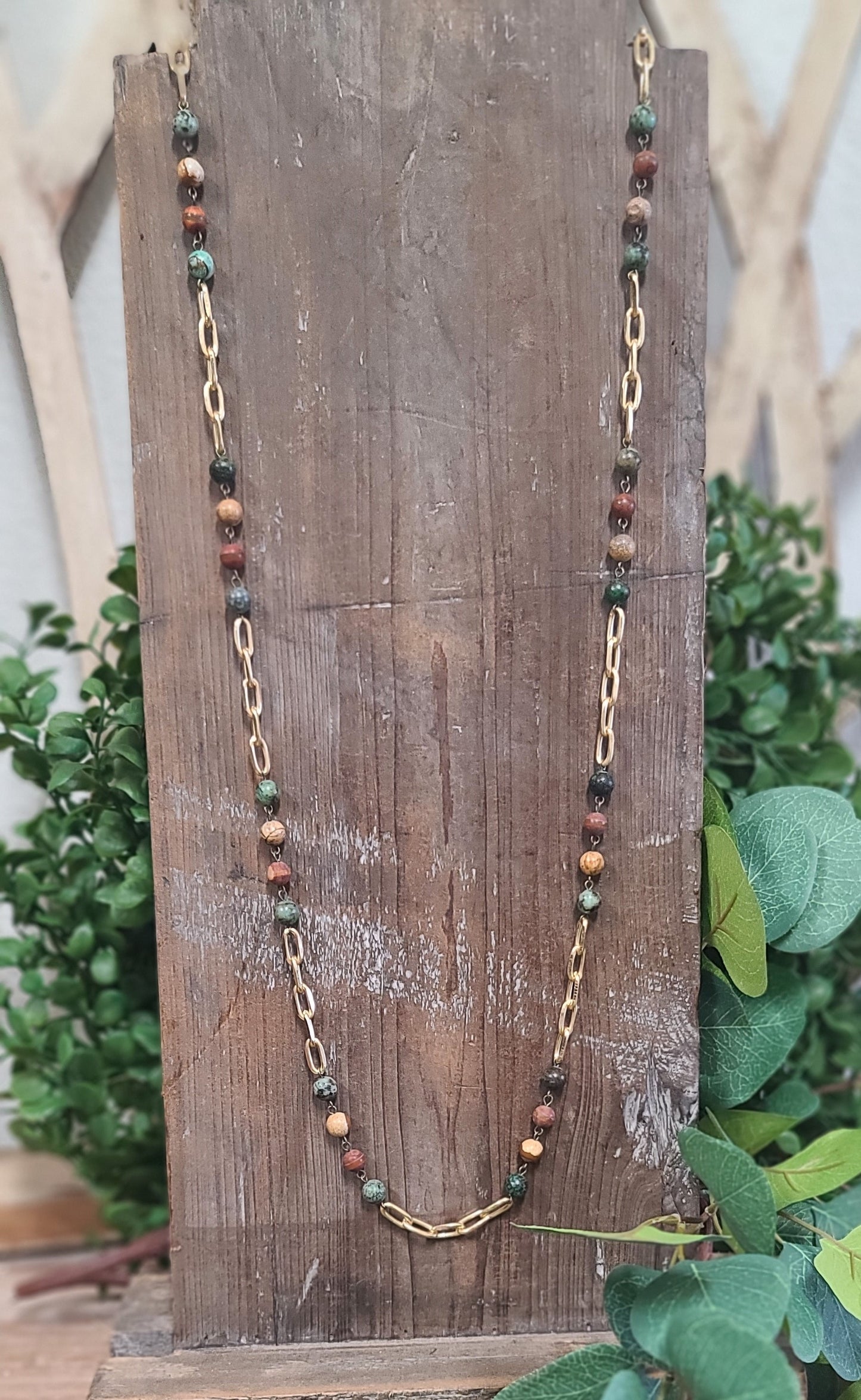 Super Long Picnic Jasper and Gold Link Necklace