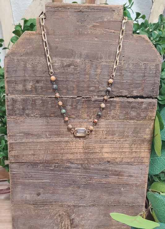 Picnic Jasper Stones with Clear Crystal Square Gold Link Necklace