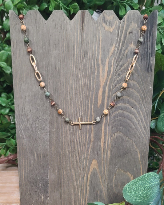 Picnic Jasper And Gold Link Cross Necklace