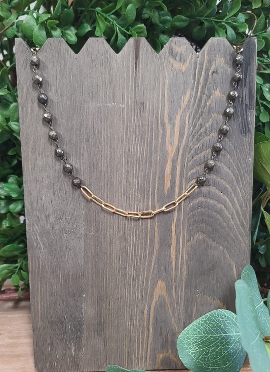 Genuine Pyrite Stone Necklace with Gold Link Middle