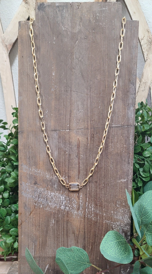 Long Gold Chain Link Necklace with A Crystal Clear Stone