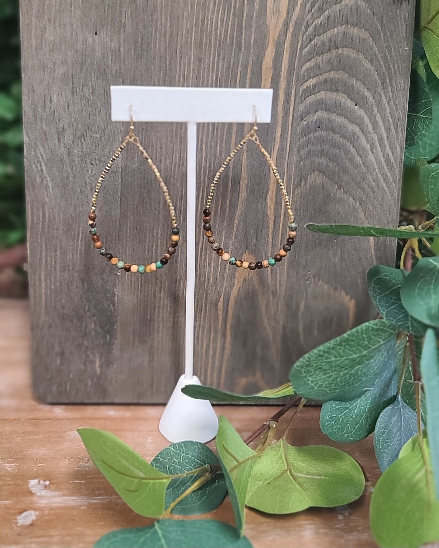 Gold Oval Hoop Earrings with Gold and Jasper Stones