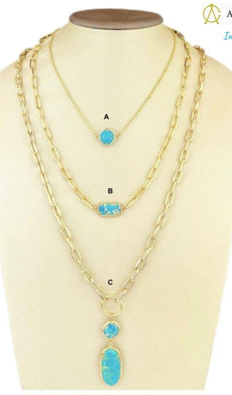 Dainty Gold Chain with Square Turquoise Stone Necklace