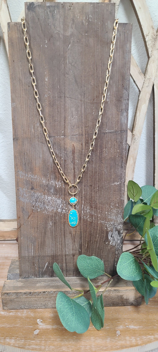 Gold Turqoise Stone Chain Link Necklace