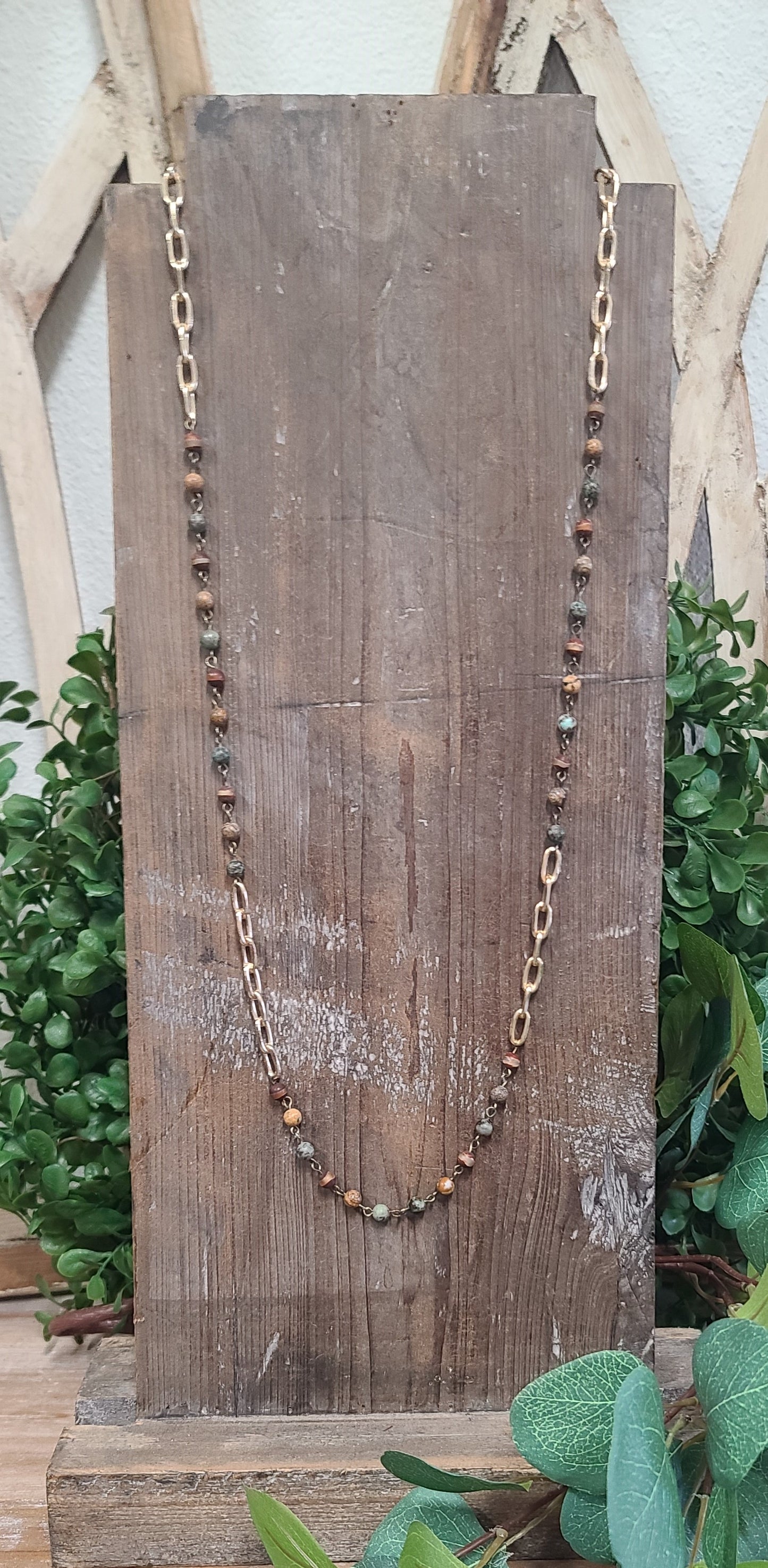 Super Long Picnic Jasper Gold Link Necklace