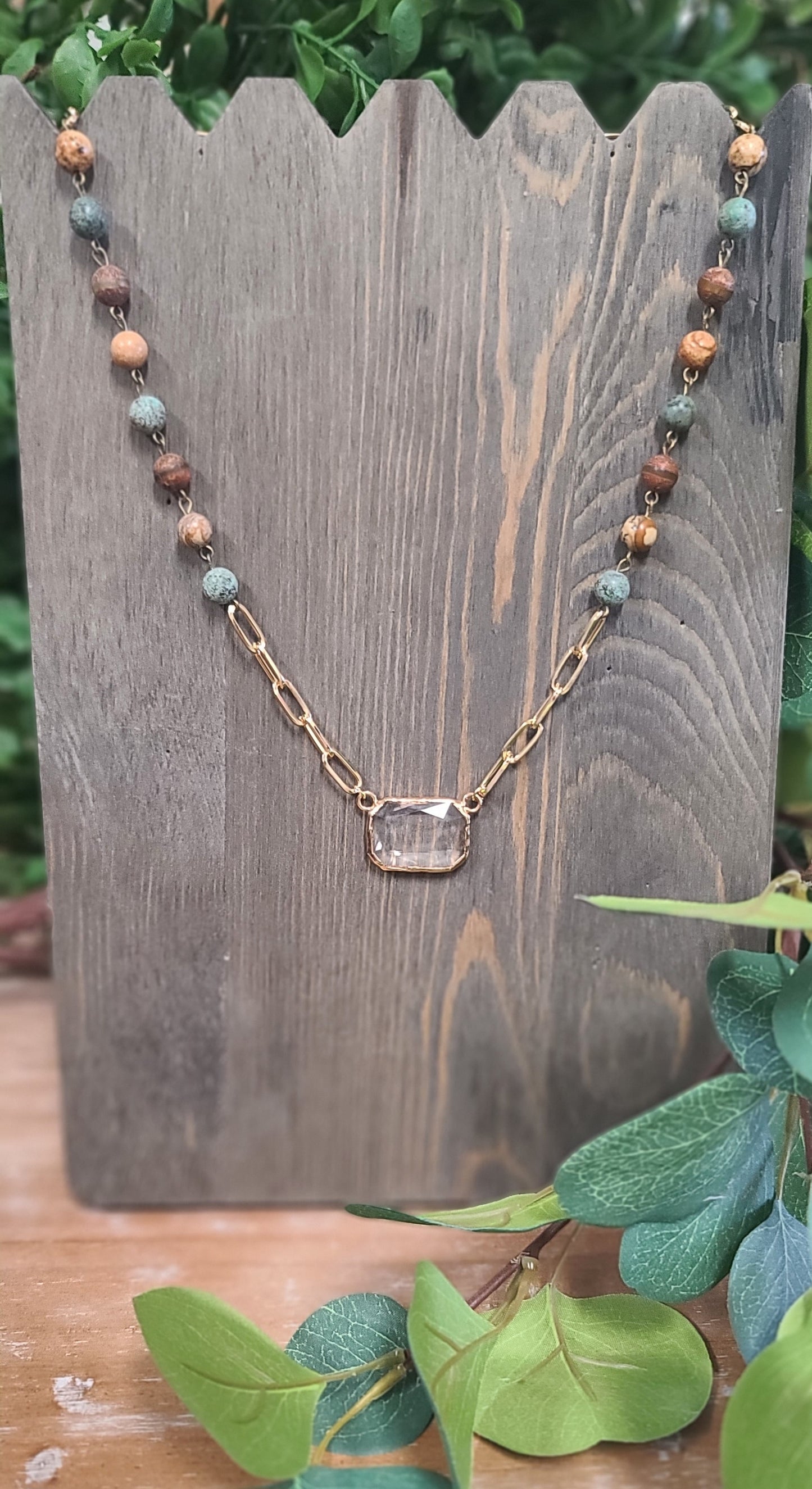 Genuine Picnic Jasper Gold Link and Square Crystal Necklace