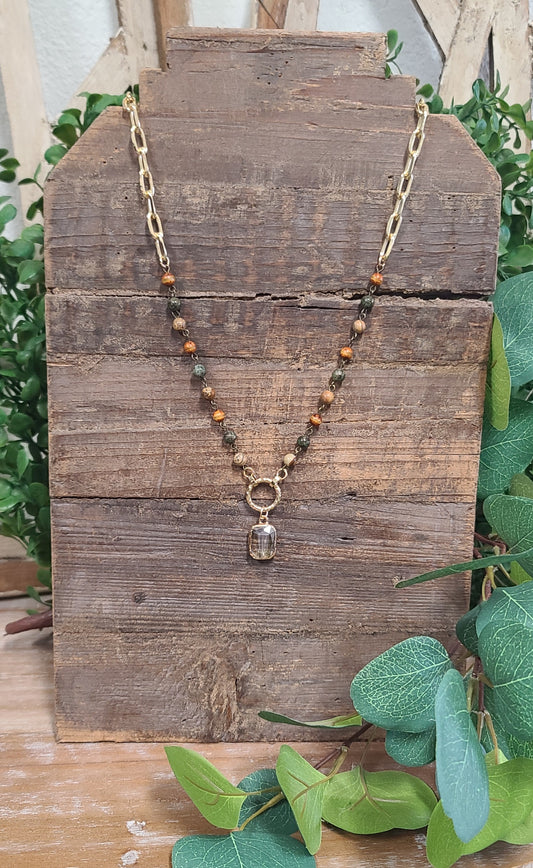 Picnic Jasper and Gold Link Necklace with Square Crystal Drop