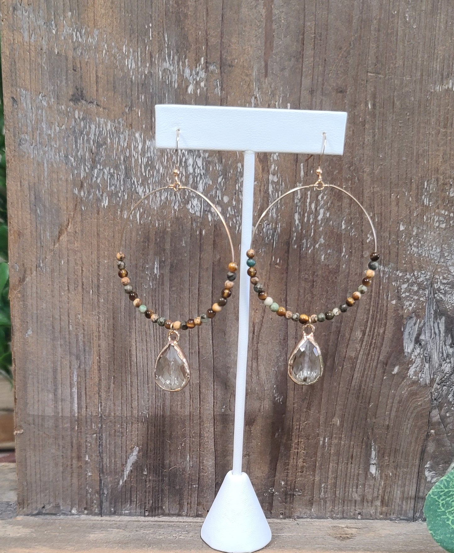 Gold Hoop Earring with Jasper Stones and Crystal Tear Drop Dangle