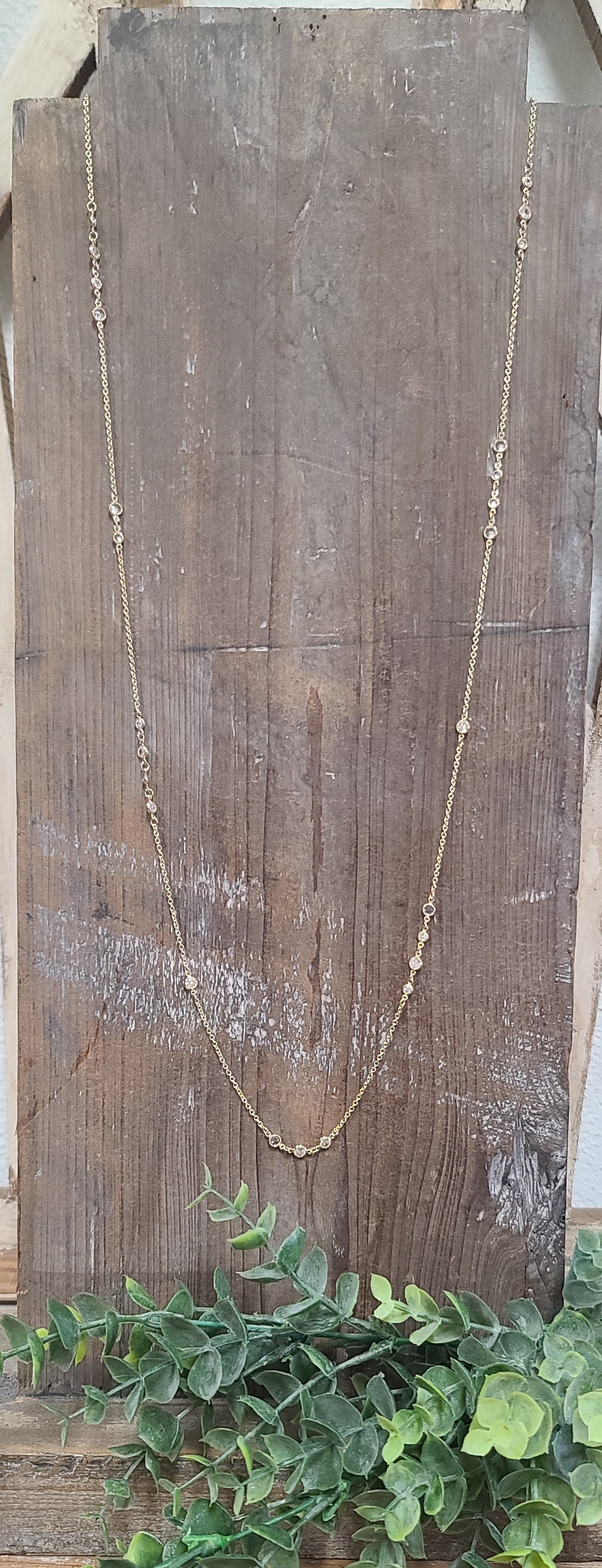 Long 36 inch Dainty Chain Necklace with Small Clear Crystal Stones