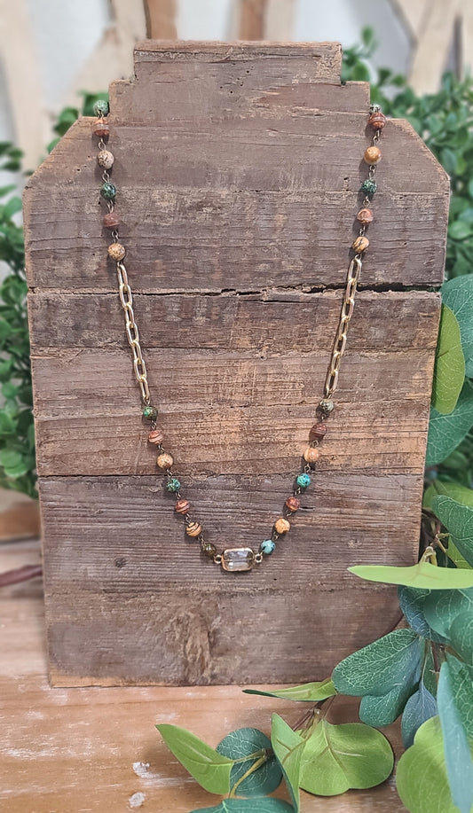 28 inch Jasper and Gold Link Necklace with Square Crystal Center