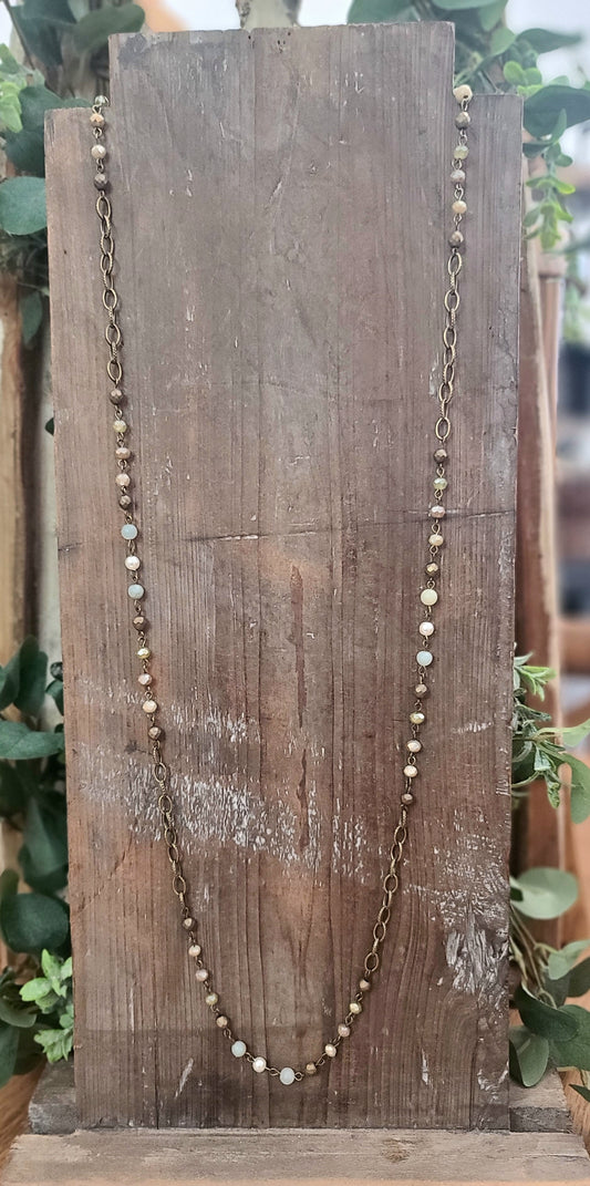 Long Keylime Crystal and Seaside Amazonite Antique Gold Necklace