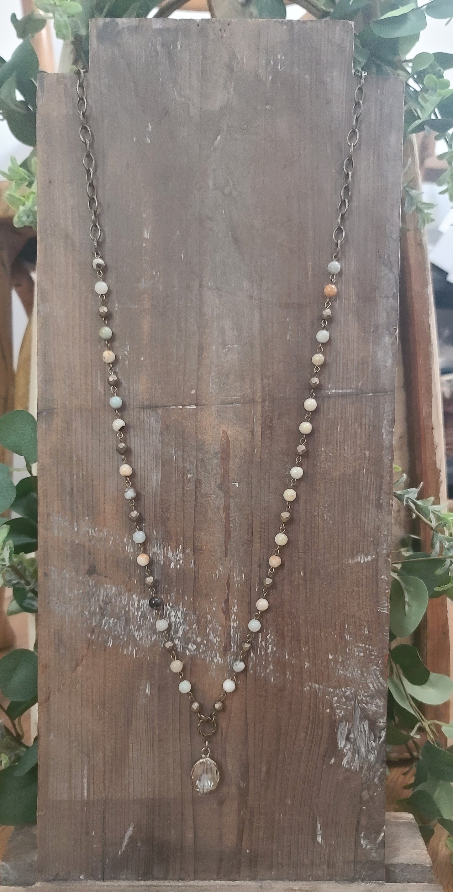 Tranquil Tide Jasper and Antique Gold Link Necklace with Oval Drop Pendant- 2 ways to wear it!