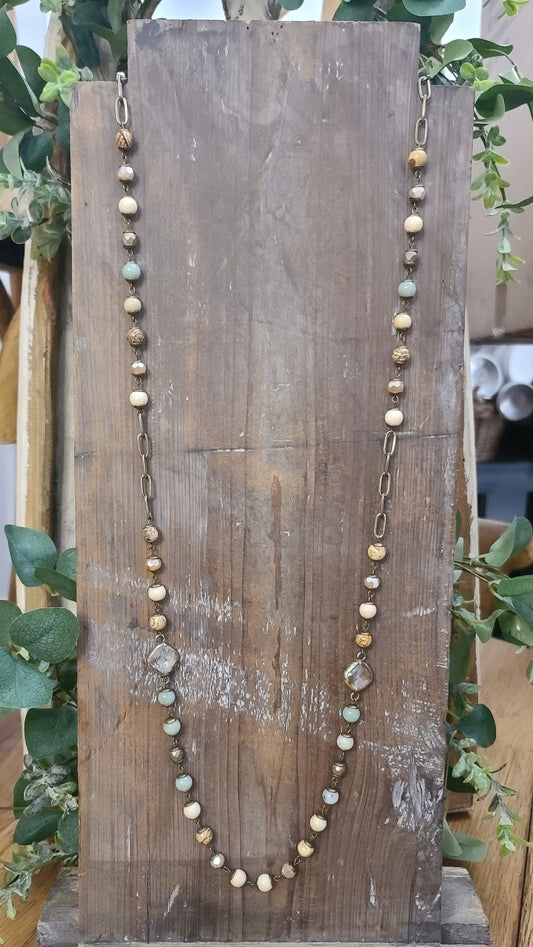 Long Tranquil Tide Jasper and Antique Gold Link Necklace