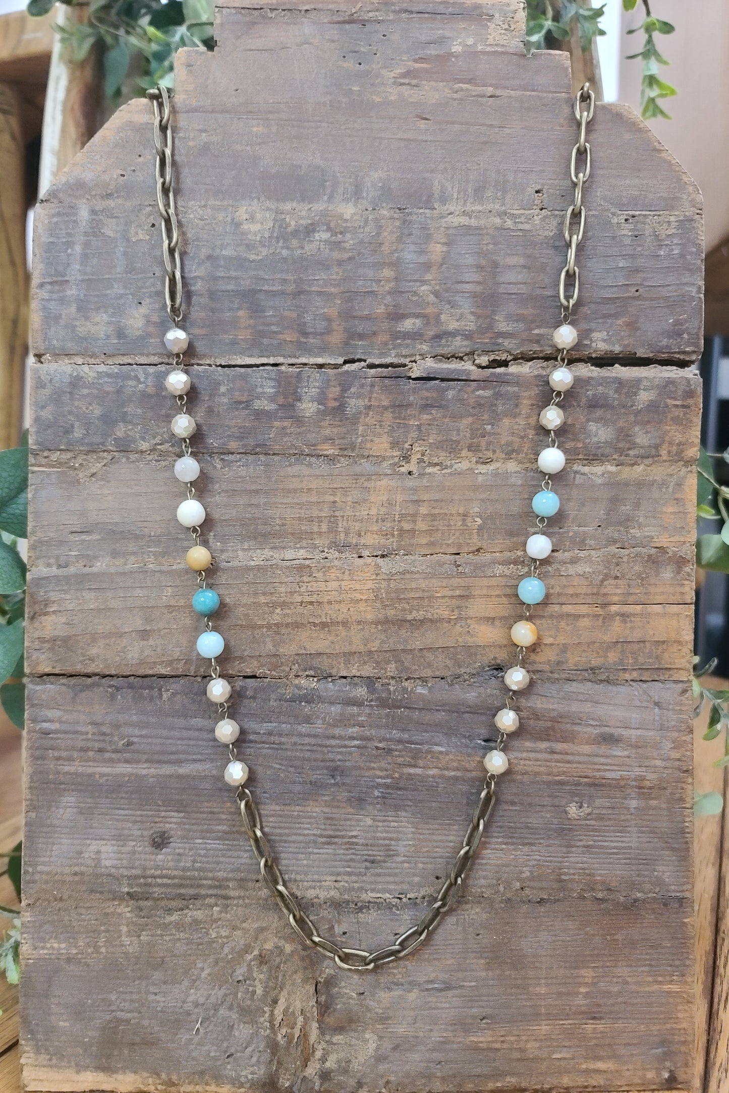 Pebble Crystal and Seaside Amazonite Antique Gold Link Necklace