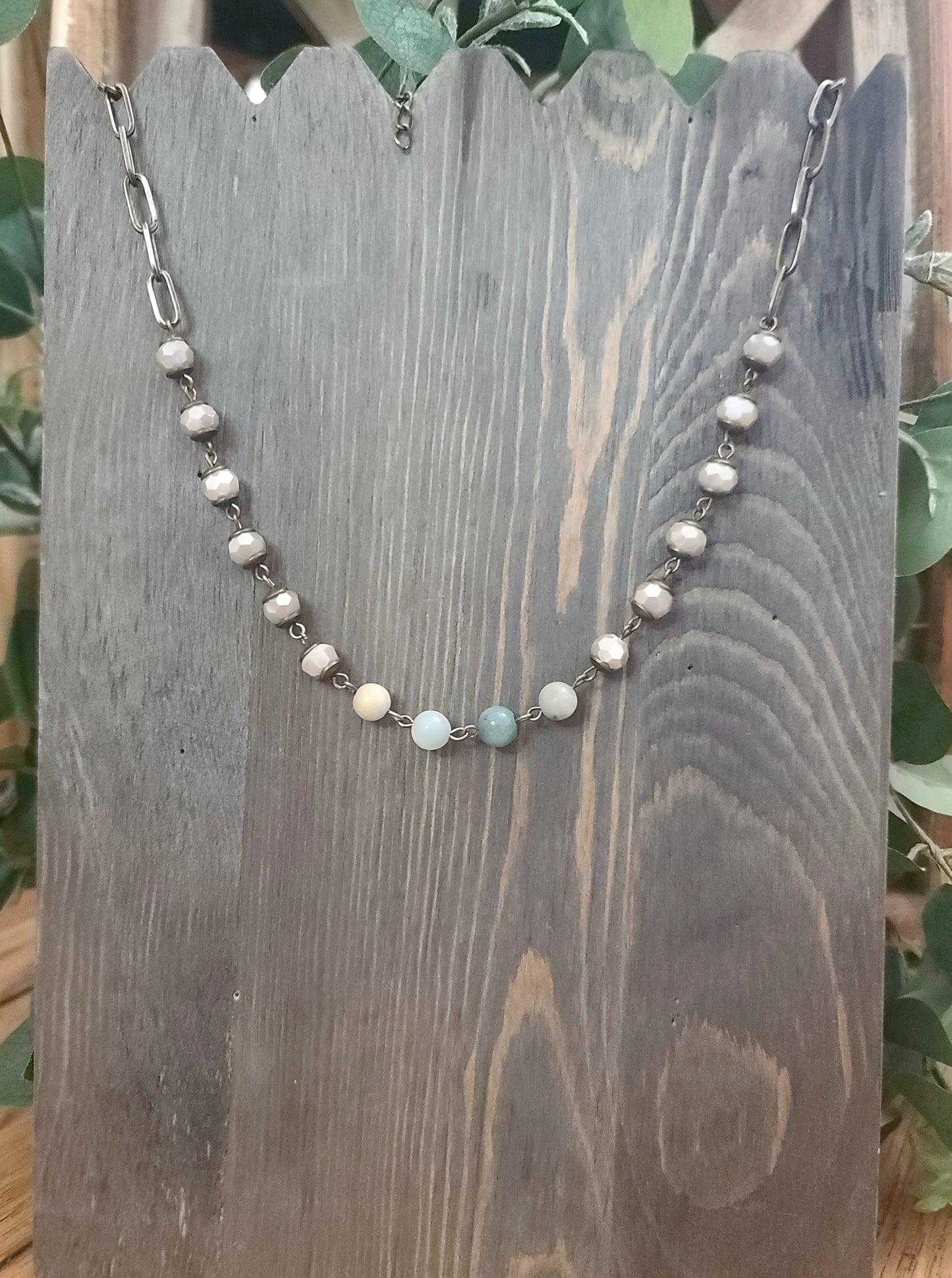 Pebble Crystal with Antique Gold and Seashore Amazonite Stone Necklace