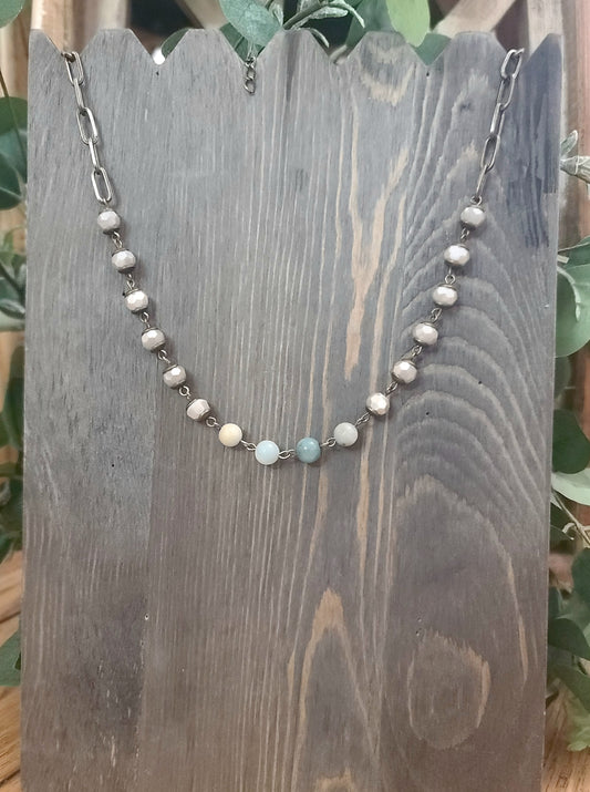 Pebble Crystal with Antique Gold and Seashore Amazonite Stone Necklace