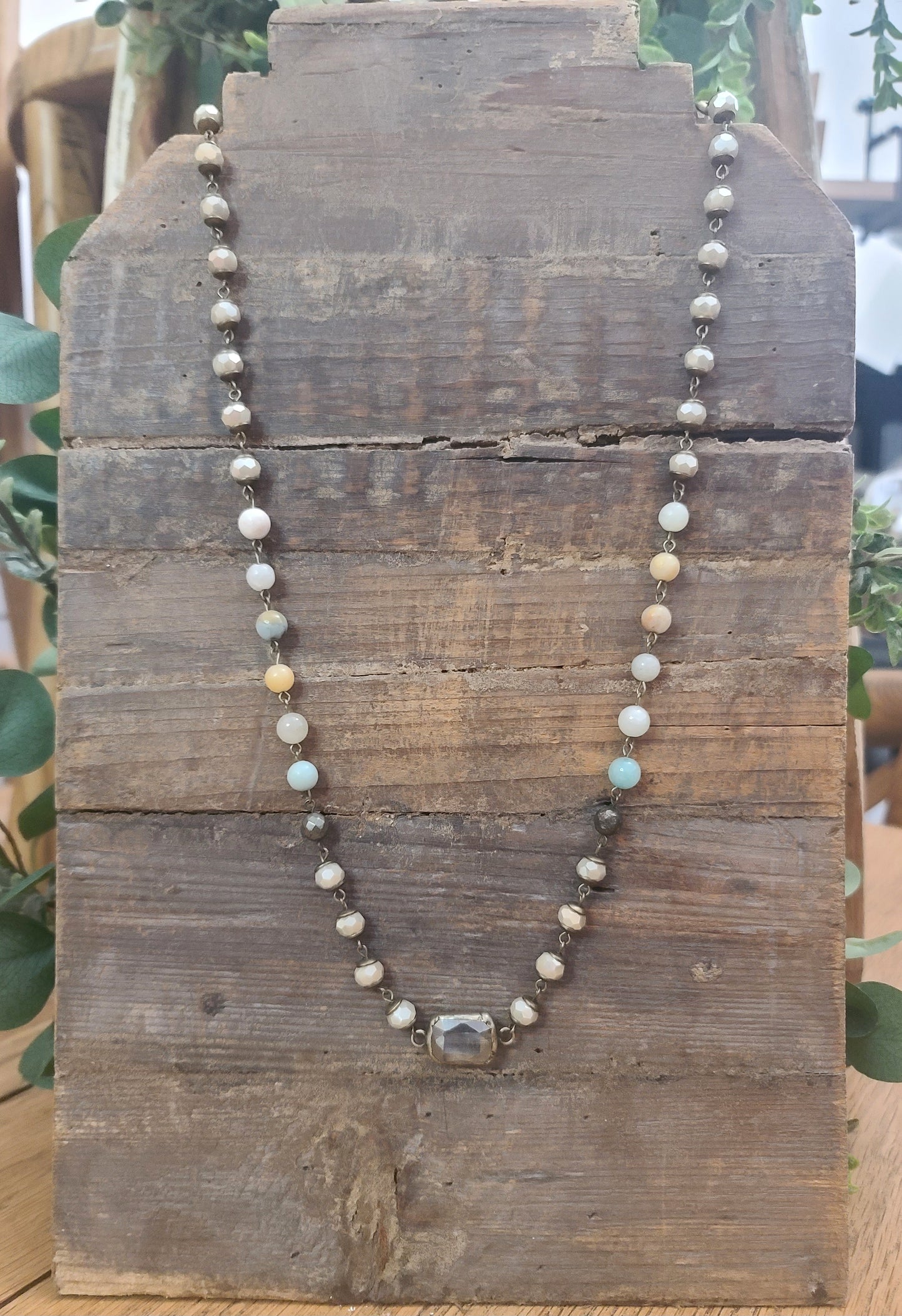 Pebble Crystal with Antique Gold and Seashore Amazonite Stone Necklace