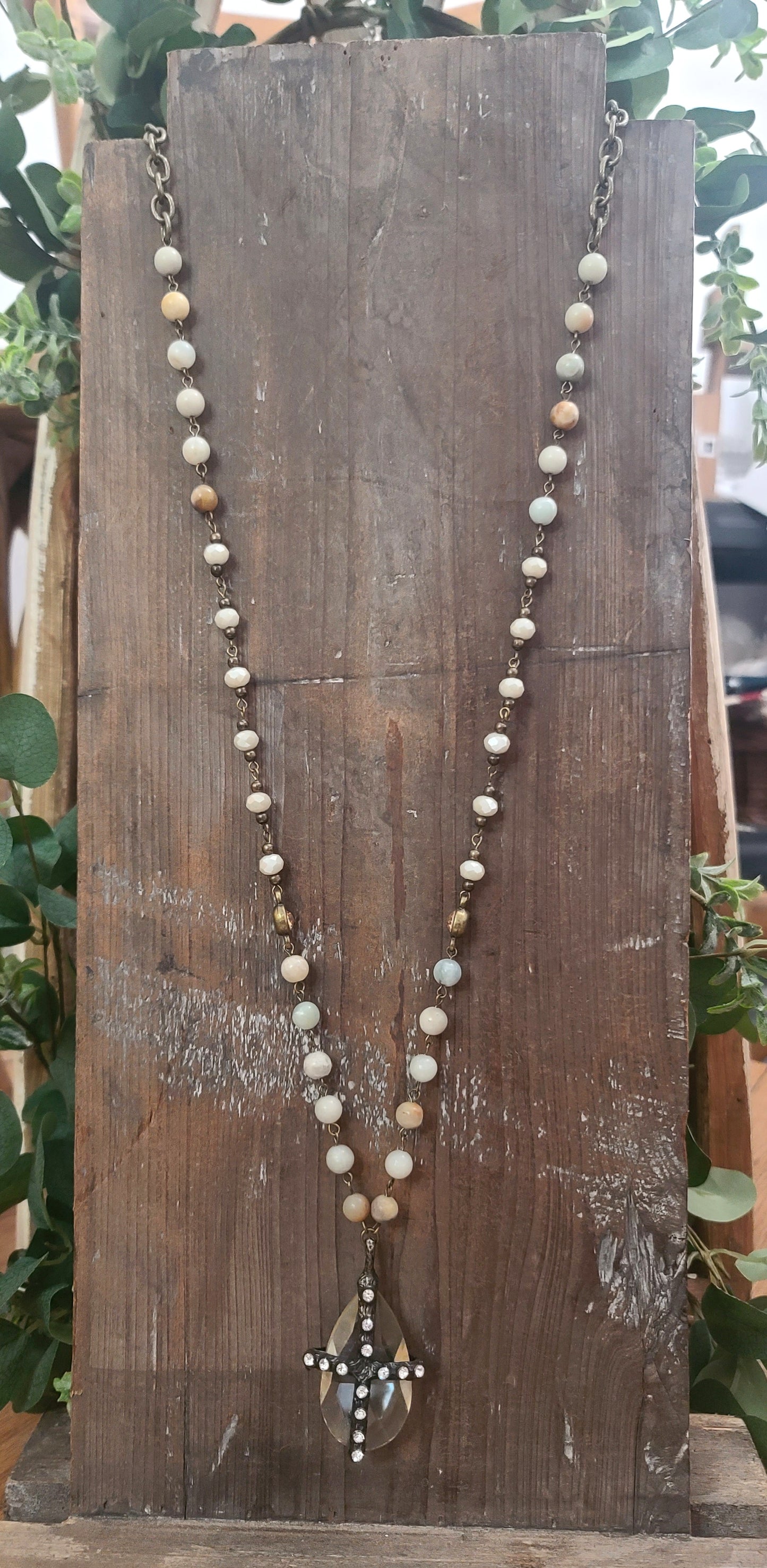 Teardrop Pebble Crystal with Antique Gold Cross Pendant and Seashore Amazonite Stone Necklace