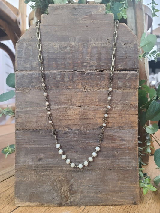 Antique Gold Link Necklace with Coastline Pearl