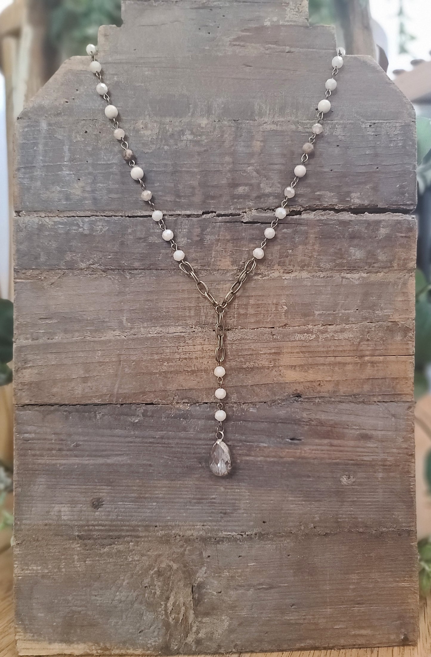 Pebble Crystal Y Drop and Champagne Jasper Stone Antique Gold Necklace