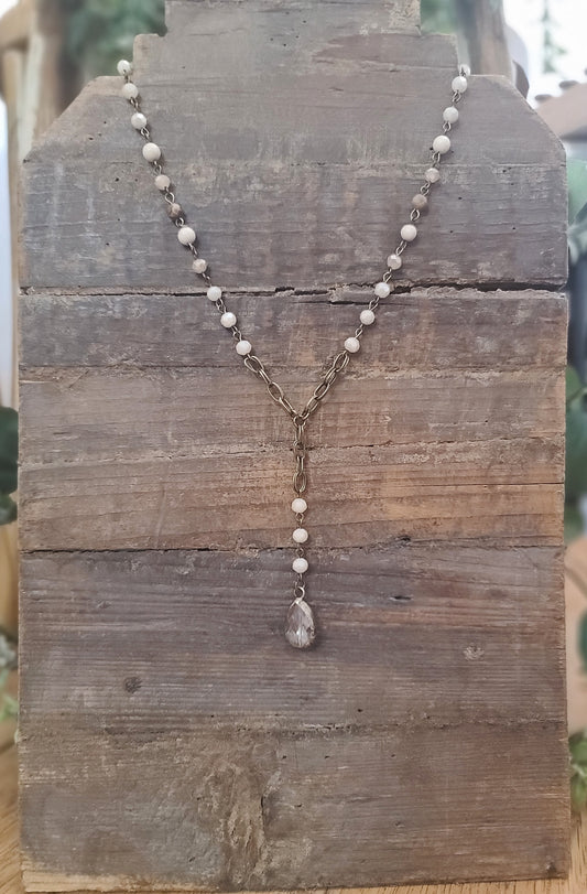 Pebble Crystal Y Drop and Champagne Jasper Stone Antique Gold Necklace