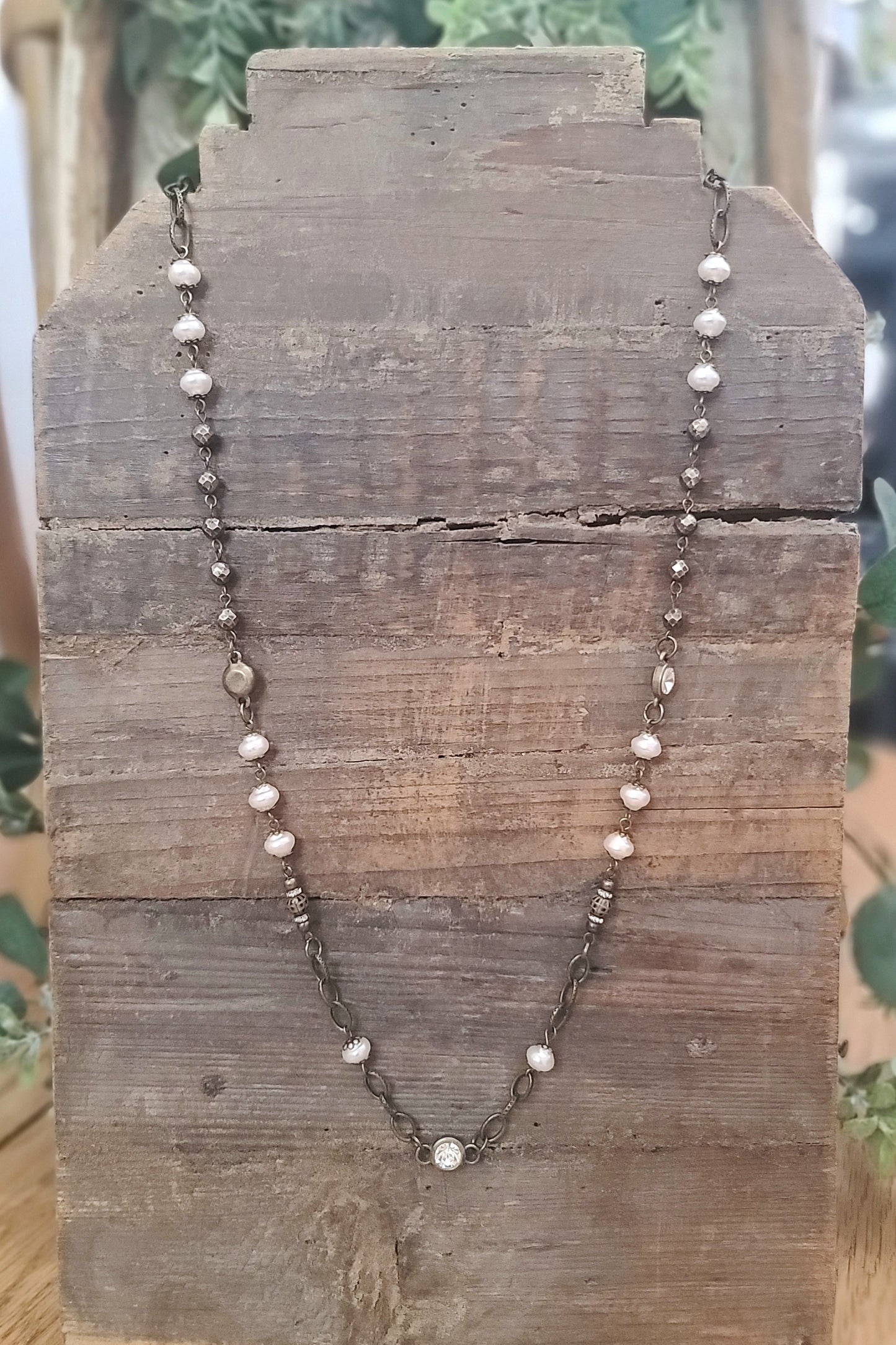 Coastline Pearl and Stargaze Pyrite Antique Gold Necklace