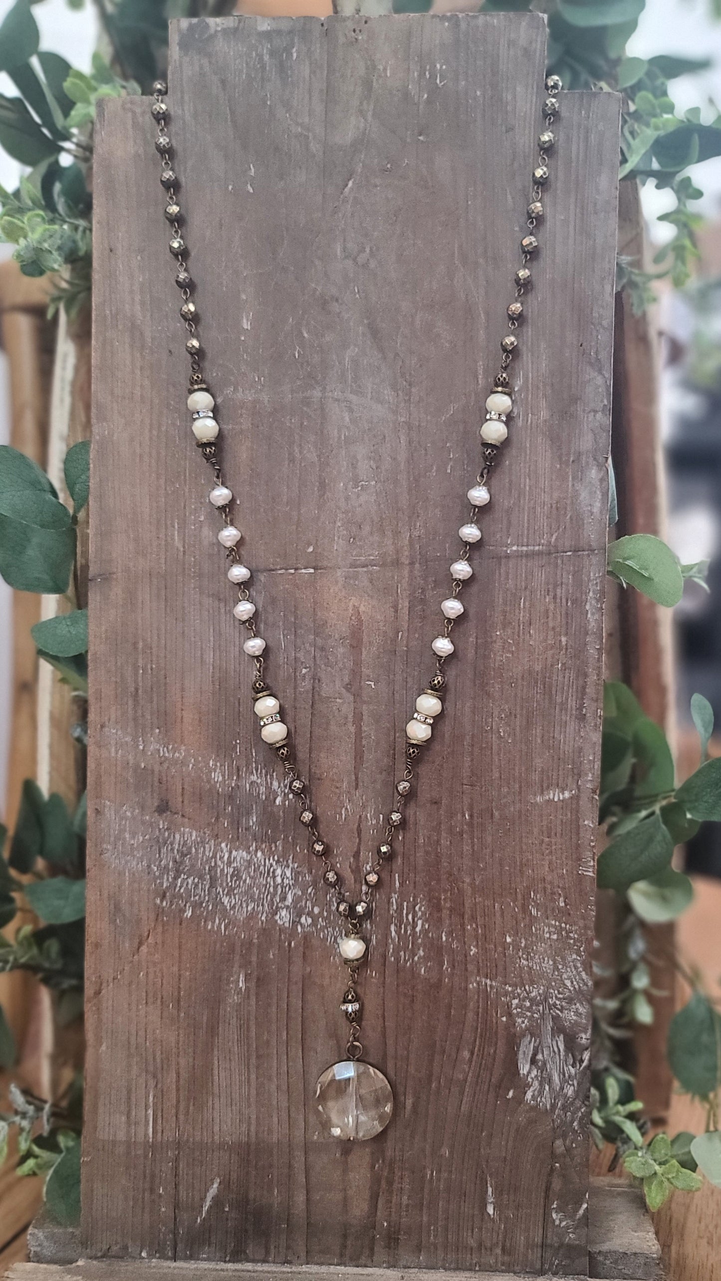 Coastline Pearl With RoundCrystal Drop and Stargaze Pyrite Antique Gold Necklace