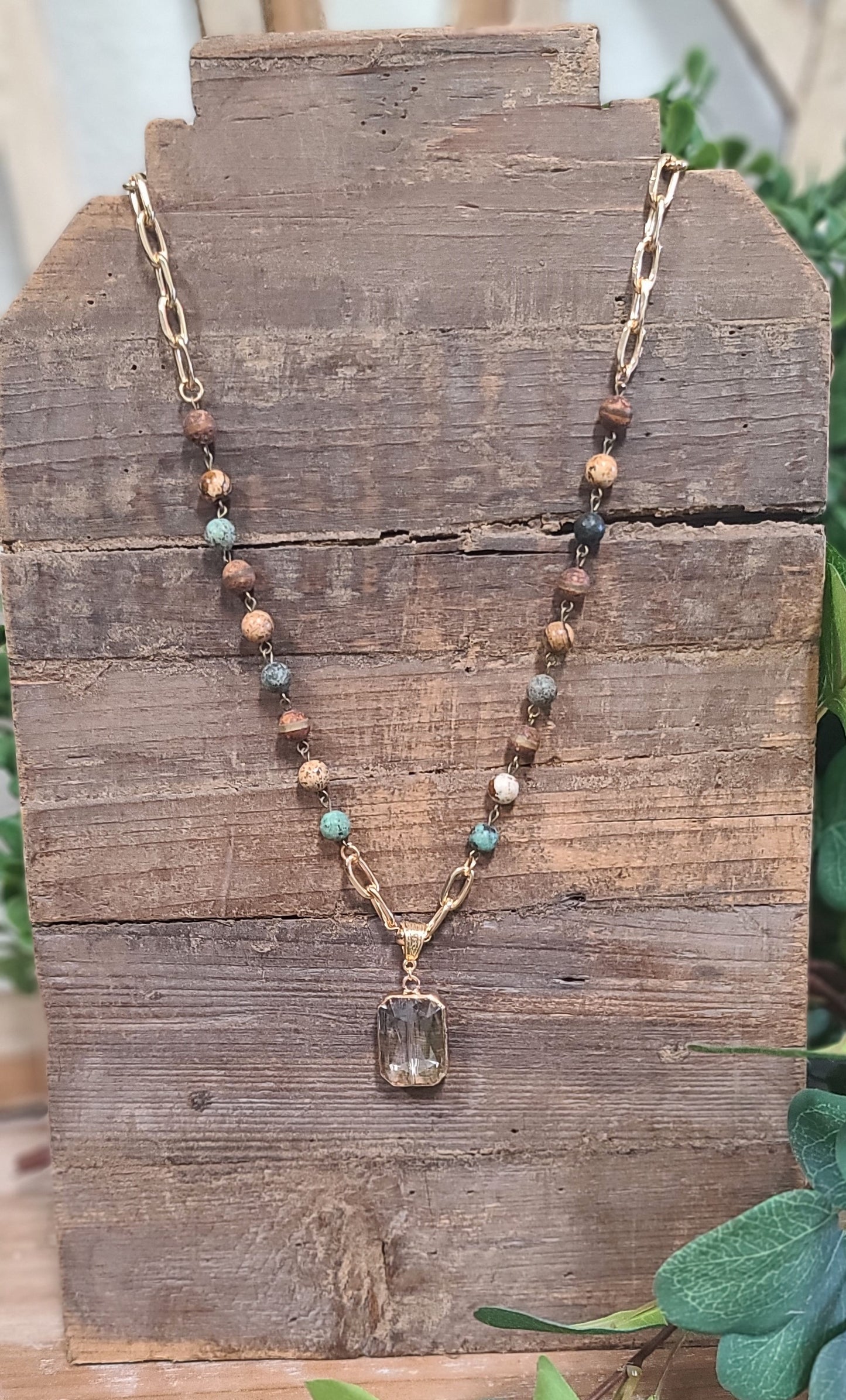 Picnic Jasper gold link Necklace with Square Crystal Drop