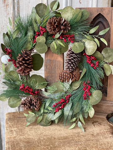 22" Christmas Garnet Berry Eucalyptus Wreath