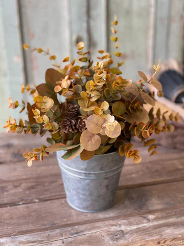 Fall Potted Eucalyptus Harvest Galvanized Pot with Fauz Plant.